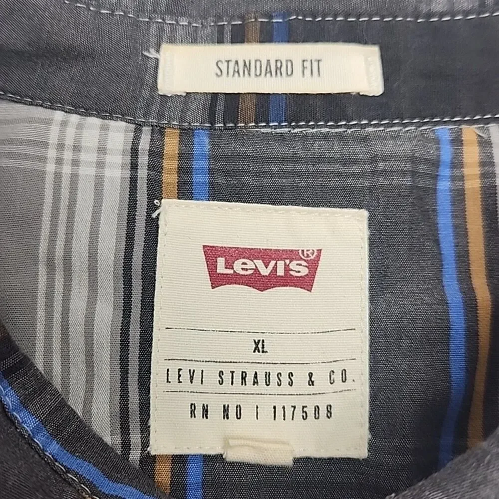 Levi's Shirt Western Cotton Pearl Snap Blue Gray Plaid Men Sz XL Standard Fit
